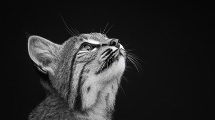 Poster - A black and white portrait of a cat looking upwards, showcasing its features and expression.