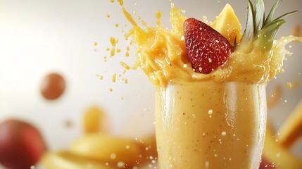 Poster - Vibrant and dynamic motion of tropical fruits like pineapple mango and strawberry splashing into a refreshing smoothie creating an explosion of bold colors and textures on a clean white background