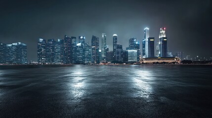 Poster - Nighttime city skyline reflecting on wet pavement, showcasing urban architecture and atmosphere.