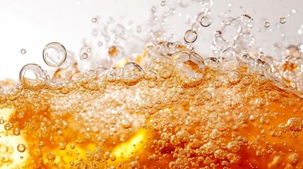 Poster - Vibrant and dynamic composition of sparkling fruit juice bubbles blending with citrus fruit elements in a refreshing carbonated and effervescent liquid motion on a clean white background