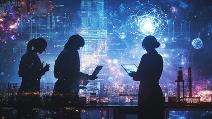 Poster - Silhouettes of scientists working with technology against a cosmic background.