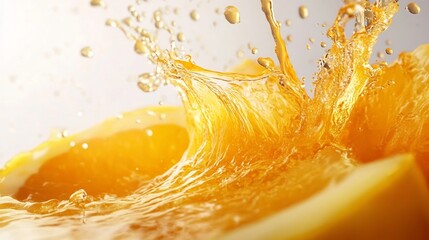 Poster - Tropical fruit slices such as orange and lemon splashing into a vibrant and dynamic juice radiating energy and refreshment on a clean white background