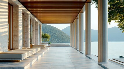 Poster - A serene modern architectural space overlooking a tranquil body of water and mountains.