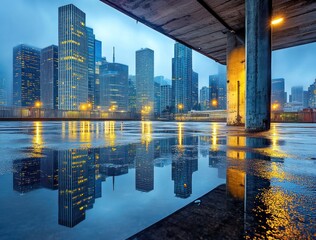 Poster - Urban skyline reflected in rainwater, showcasing a moody cityscape.