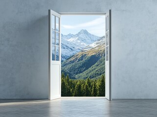Aufkleber - A serene view of mountains and forests through an open door in a minimalist room.