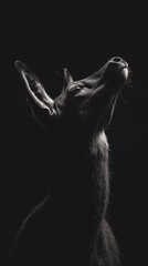 Poster - A dramatic black and white silhouette of a dog gazing upwards against a dark background.