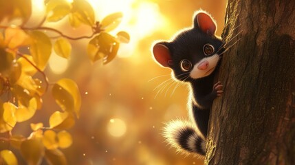 Poster - A cute cartoon animal peeks from behind a tree, surrounded by glowing autumn leaves.