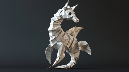 Aufkleber - A detailed origami sculpture of a seahorse in a minimalist setting.