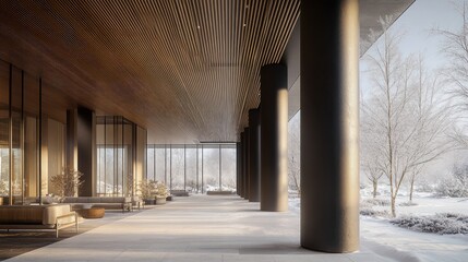 Poster - Modern architectural space featuring a sleek, open design amidst a winter landscape.