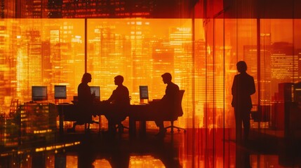 Poster - Silhouetted figures in a modern office with a vibrant cityscape backdrop at sunset.