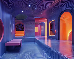 Poster - Futuristic interior design showcase modern art space visual art urban environment immersive experience ai generated creativity