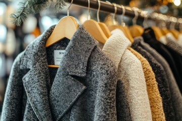 Poster - A display of stylish coats hanging on a rack in a retail setting.