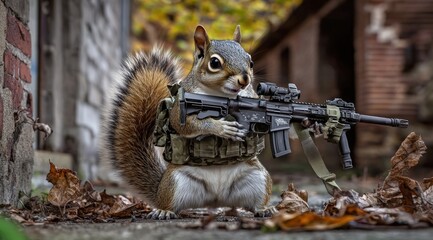Poster - A squirrel in tactical gear holds a rifle, blending humor and military themes in a whimsical scene.