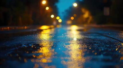 Poster - A rainy street reflecting warm lights, creating a moody, atmospheric scene.