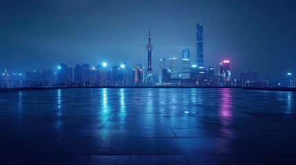 Poster - Nighttime cityscape of Shanghai with illuminated skyscrapers and reflective surfaces.