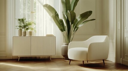 Poster - A serene living space featuring a cozy chair, plants, and a stylish cabinet.