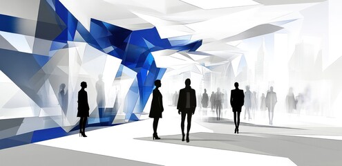 Aufkleber - Abstract urban space with silhouettes, emphasizing modern design and interaction.