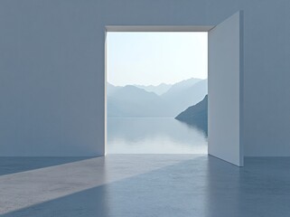 Poster - A serene open door reveals a tranquil landscape with mountains and water.