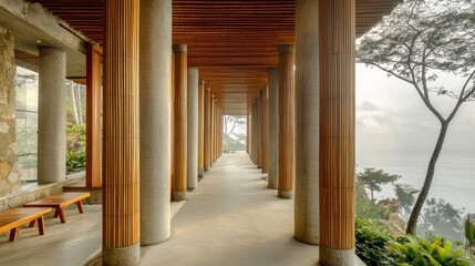 Poster - A serene corridor with wooden columns and a view of nature, promoting tranquility and design.