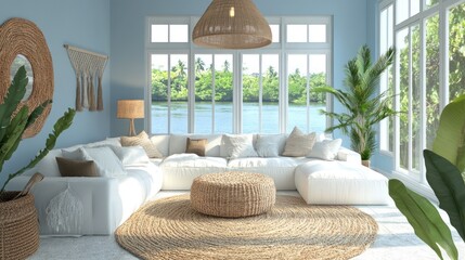 Poster - A bright, modern living room with natural decor and a view of greenery outside.