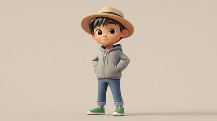 Poster - A cheerful cartoon boy in casual attire with a hat, standing confidently.