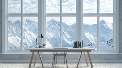 Leinwandbilder - A serene workspace with mountain views through large windows.
