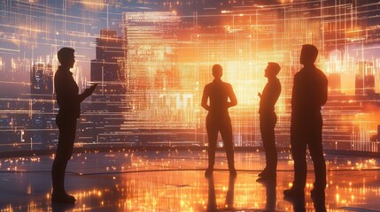 Poster - Silhouetted figures in a futuristic digital environment, engaged in discussion.
