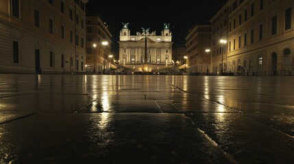 Poster - A nighttime view of a grand building reflecting on wet cobblestones.