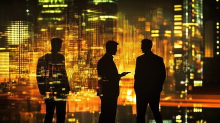 Poster - Silhouettes of two businessmen against a vibrant city skyline at night.