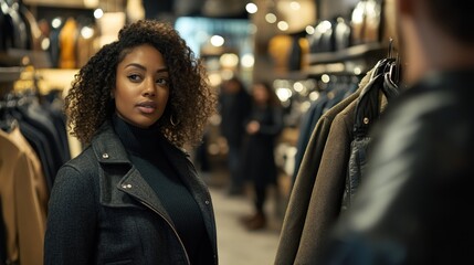 Poster - A woman with curly hair stands in a clothing store, engaging with a companion.