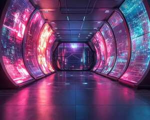 Fototapete - Futuristic ai-generated neon corridor virtual reality space digital art high-tech environment immersive perspective