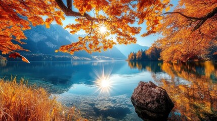 Poster - A serene autumn landscape with vibrant foliage reflecting on a calm lake under sunlight.