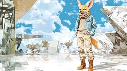 Aufkleber - A stylized anthropomorphic fox character stands confidently in a modern, abstract landscape.