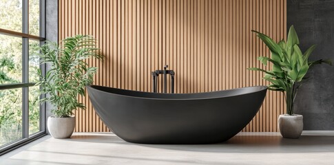 Aufkleber - A modern black bathtub against a wooden wall, surrounded by lush green plants.
