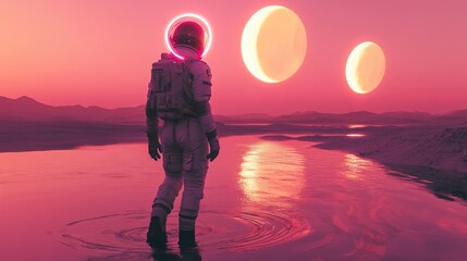 Wall Mural - An astronaut stands in a surreal landscape with three glowing celestial bodies.