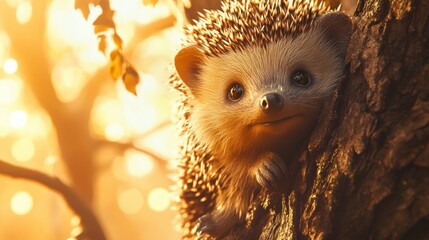 Poster - A cute hedgehog peeking from a tree branch in a warm, sunlit forest setting.