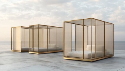 Aufkleber - Three minimalist glass and metal beds on a rooftop with a serene ocean view.