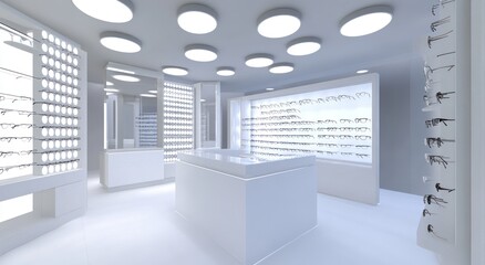 Poster - A modern eyewear store interior featuring stylish glasses displays and bright lighting.