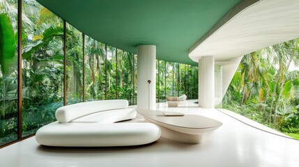 Poster - Modern interior design with organic shapes and lush greenery.