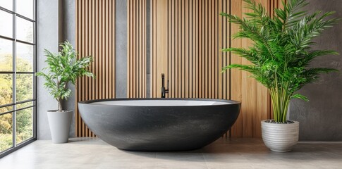 Poster - Modern bathroom featuring a sleek tub, plants, and wooden accents for a serene atmosphere.