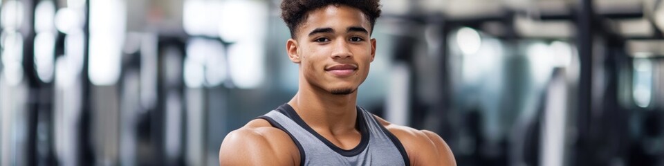 Poster - A young man poses confidently in a gym setting, showcasing fitness and strength.