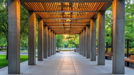 Poster - A serene walkway framed by columns and warm lighting, inviting leisurely strolls in nature.