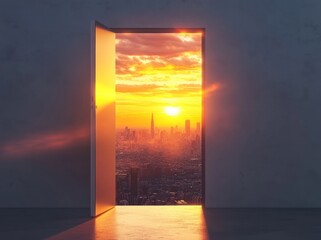 Aufkleber - An open door reveals a stunning sunset over a city skyline, symbolizing opportunity and hope.