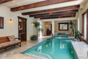 Poster - Indoor swimming pool area with natural light and wooden beams.