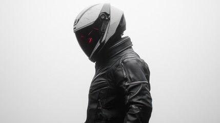 Leinwandbilder - A figure in a sleek helmet and leather jacket stands against a foggy backdrop.