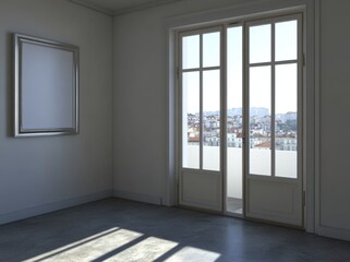 Aufkleber - A bright room with double doors leading to a balcony, showcasing a scenic view.