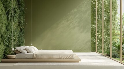 Poster - A serene bedroom with a green wall and large windows, blending indoor and outdoor spaces.