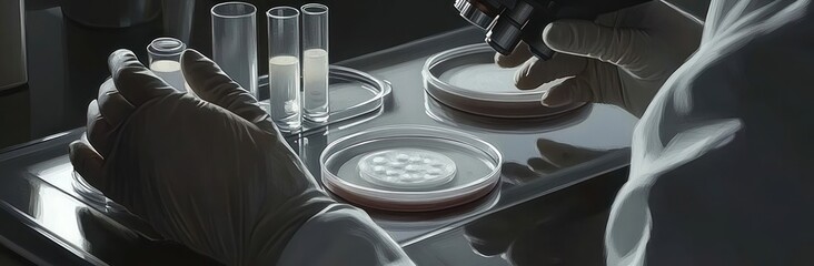 Aufkleber - A laboratory scene with petri dishes, test tubes, and a microscope for scientific analysis.