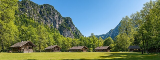 Poster - Scenic view of wooden cabins surrounded by lush greenery and mountains under a clear sky.