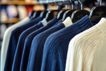 Poster - A display of sweaters hanging on hangers in a retail setting.